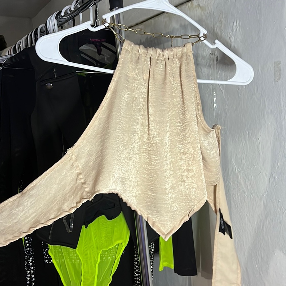 Tan Satin like texture V crop top
